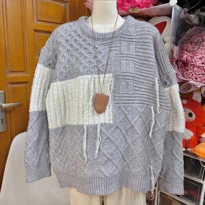 Gray Ivory Patchwork Cable Knit Sweater Cozy